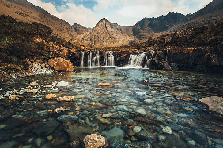 mountain waterfalls, The Fairy Pools, Fairy Pools, Skye, Scotland, water, mountains, waterfall, long exposure, HD wallpaper
