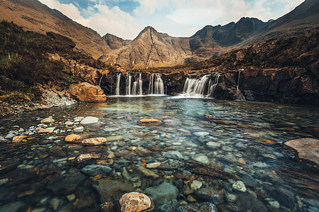山の滝、妖精のプール、妖精のプール、スカイ、スコットランド、水、山、滝、長時間露光、 HDデスクトップの壁紙 HD wallpaper