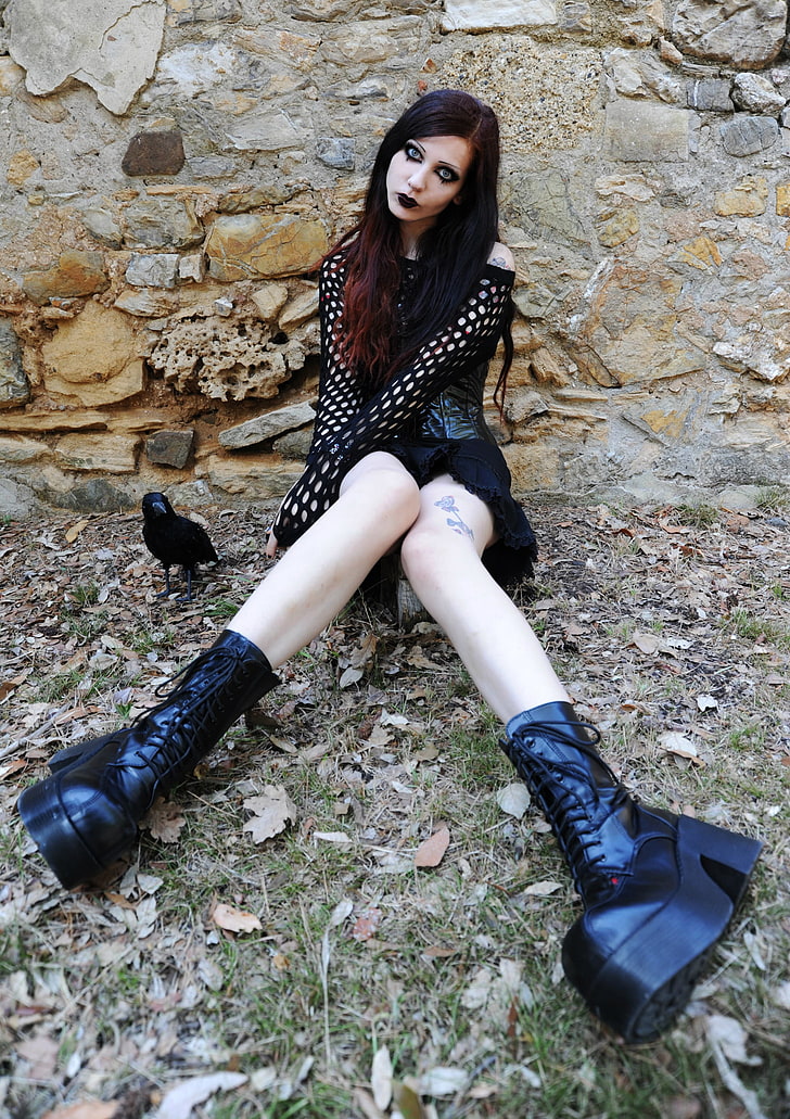 Gothic, sepatu bot hitam, wanita, CradleOfDoll, goths, Wallpaper HD, wallpaper seluler