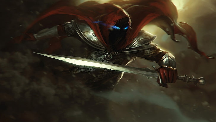 personaje con capa roja sosteniendo espada artwokr, guerrero armado sosteniendo una espada con capucha roja, espada, demonio, ojos azules, armadura, sombra, arte de fantasía, Fondo de pantalla HD
