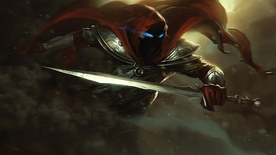 karaktär med röd kappa som håller svärd artwokr, pansar krigare som håller ett svärd med röd huva, svärd, demon, blå ögon, rustning, skugga, fantasikonst, HD tapet HD wallpaper