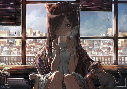 brunhårig tjej dricker kaffe animerad karaktär tapet, anime, nekomimi, katt, animeflickor, bruna ögon, stad, fönster, himmel, kopp, te, kaffe, böcker, växter, vit klänning, mika pikazo, HD tapet HD wallpaper