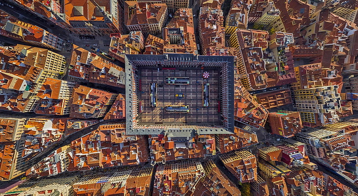 czarno-brązowy dywan, Madryt, pejzaż miejski, Hiszpania, dachy, Plaza Mayor, Tapety HD