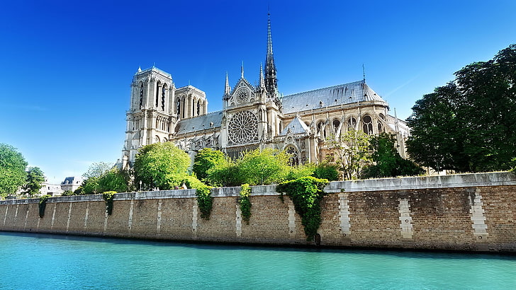 Notre-Dame, bangunan, air, Paris, Prancis, Wallpaper HD