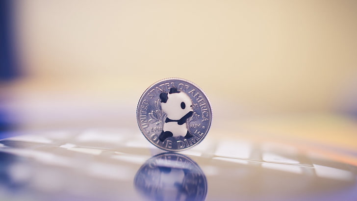 okrągła srebrna moneta, panda, pieniądze, monety, metal, odbicie, Tapety HD