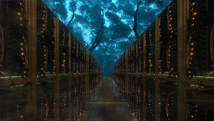 schwarze, blaue und braune digitale Tapete, dunkle Bahn unter blauem Himmel, Server, Bäume, Drähte, Fantasiekunst, digitale Kunst, Computer, Technologie, Reflexion, HD-Hintergrundbild