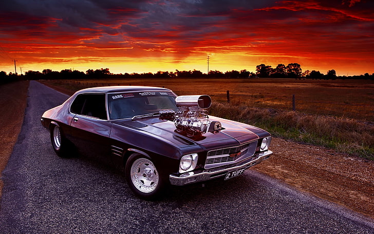 mobil, mobil otot, lapangan, matahari terbenam, jalan, Holden Monaro, Wallpaper HD