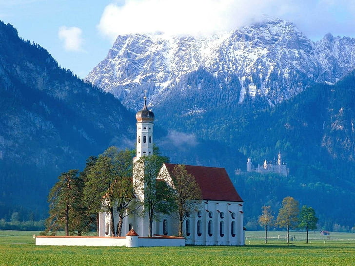 mimari, kilise, dağlar, manzara, Bavyera, Almanya, HD masaüstü duvar kağıdı