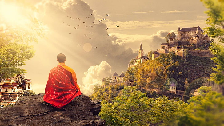 будизъм, будизъм, дигитално изкуство, медитация, монах, панорама, фото манипулация, храм, HD тапет