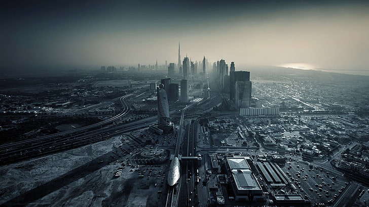 photo en niveaux de gris des bâtiments de la ville, Dubaï, Émirats arabes unis, Fond d'écran HD