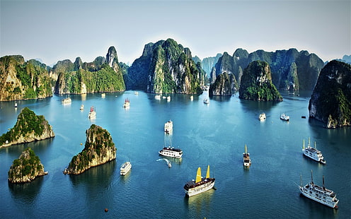 Fotografi, Hạ Long Bay, båt, jord, Ha Long Bay, Ocean, Rock, Sea, Vietnam, HD tapet HD wallpaper