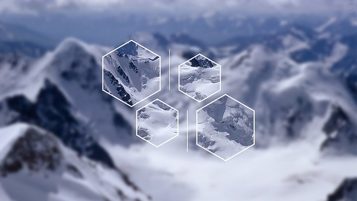 заснеженные горы коллаж, полискап, горы, снег, шестиугольник, цифровое искусство, природа, HD обои