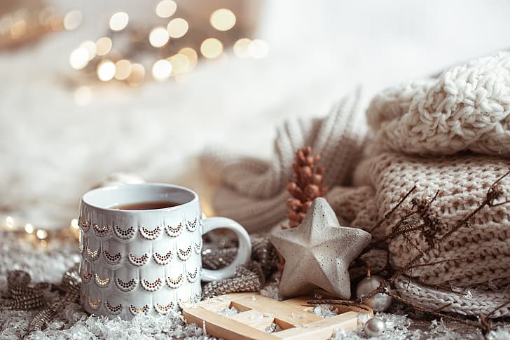 Winter, Dekoration, Weihnachten, Neujahr, Vintage, Pullover, Bokeh, Kaffeetasse, gemütlich, eine Tasse Kaffee, HD-Hintergrundbild