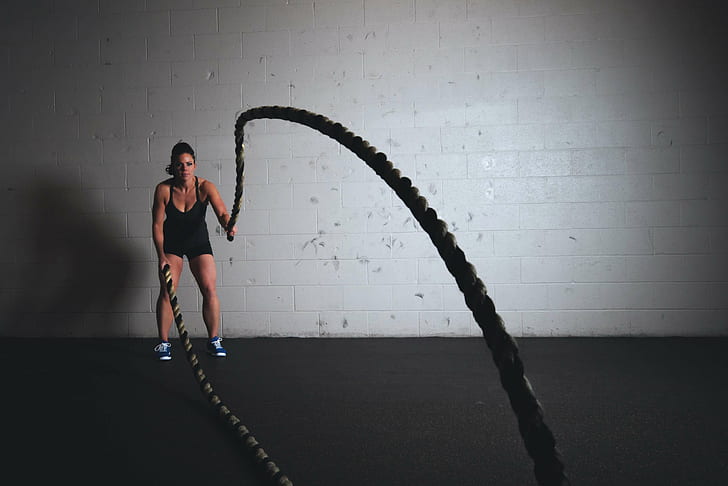 crossfit, exercise, fitness, gym, health, indoors, person, rope jumping, ropes, sport, strong, training, woman, HD wallpaper