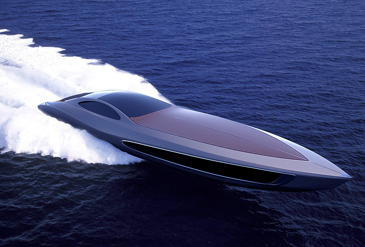 bateau à moteur argenté, mousse, océan, rapide, conception grise, super yacht, Standart Craft 122, Fond d'écran HD