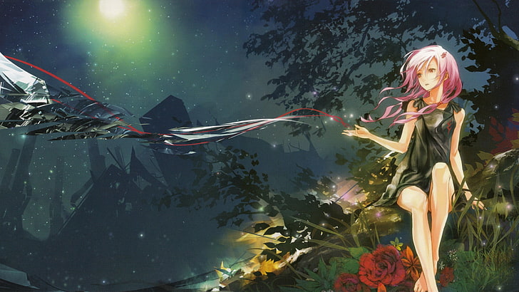 자주색 머리 여성 애니메이션 캐릭터 포스터, 밤, 빨간 눈, 장미, 자연, 풍경, 길티 크라운, Yuzuriha Inori, 애니메이션, 애니메이션 소녀들, 판타지 소녀, 꽃, HD 배경 화면