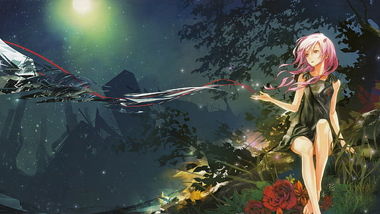 affiche de personnage anime aux cheveux violet, nuit, yeux rouges, rose, nature, paysage, couronne coupable, Yuzuriha Inori, anime, filles anime, fille fantastique, fleurs, Fond d'écran HD HD wallpaper