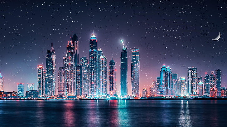 high-rise buildings at night photography, tower block, illuminating, united arab emirates, dubai, starry night, starry sky, stars, tower, moon, sky, cityscape, night, asia, skyscraper, reflection, skyline, city, metropolis, metropolitan area, HD wallpaper