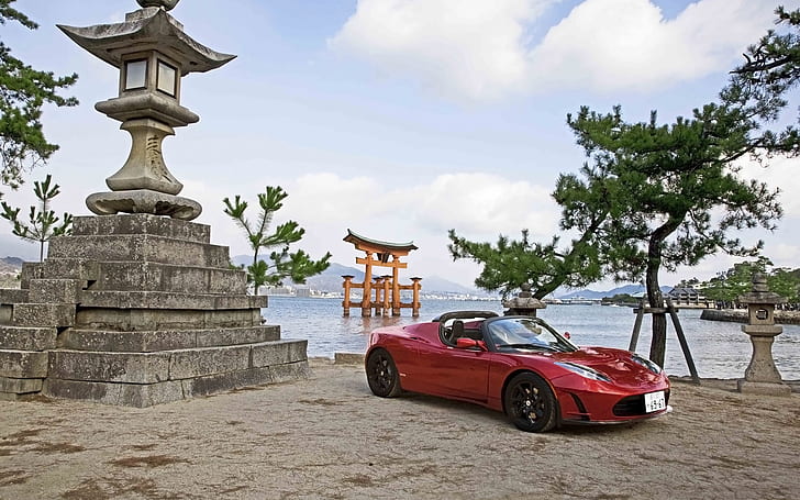 2012 Tesla Roadster Japan, red convertible car, HD wallpaper