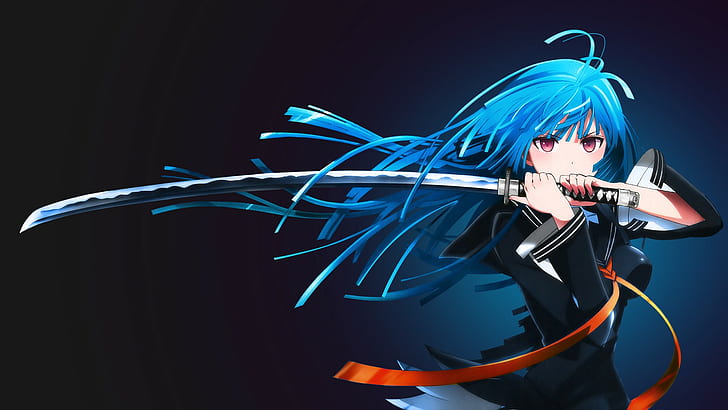синие волосы, аниме, меч, длинные волосы, кисара тендо, катана, черная пуля, аниме девушки, HD обои