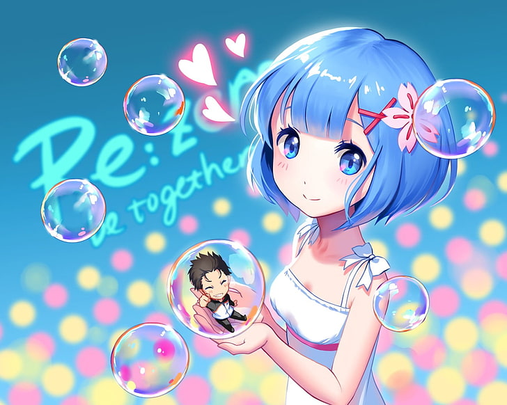 момиче със синя коса, която държи топка илюстрация, Re: Zero Kara Hajimeru Isekai Seikatsu, Rem (Re: Zero), Natsuki Subaru, chibi, loli, усмихва се, HD тапет