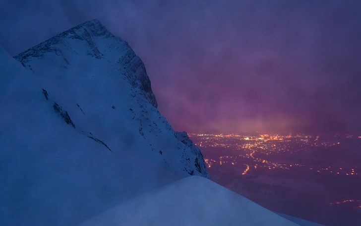 schneebedeckter berg, landschaft, beschaffenheit, berge, nebel, stadtbild, winter, lichter, HD-Hintergrundbild