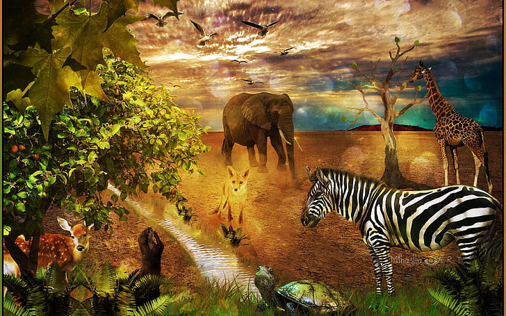 art, deer, elephant, fox, giraffe, turtle, zebra, HD wallpaper