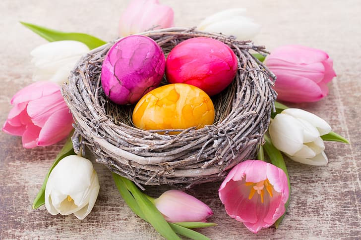 цветя, Великден, розетка, лалета, щастлива, кошница, пролет, яйца, зайче, украса, боядисаните яйца, HD тапет