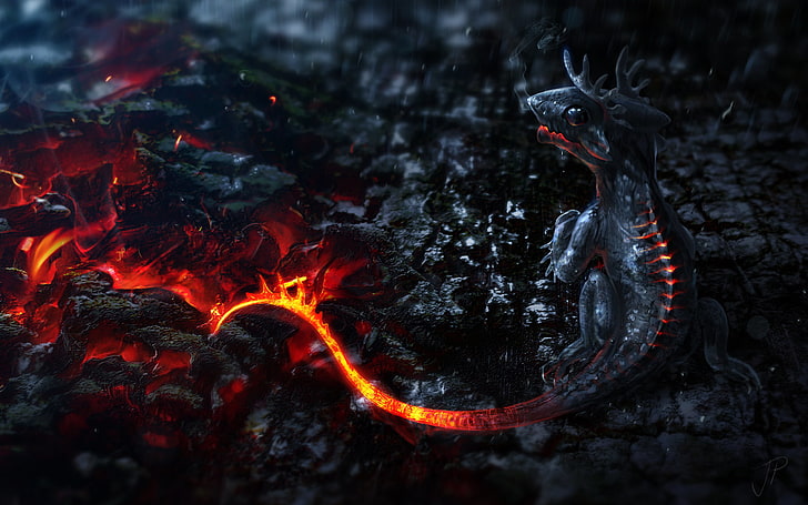 fire dragon digital wallpaper, dragon, baby, burning, fantasy art, fire, render, 3D, CGI, HD wallpaper