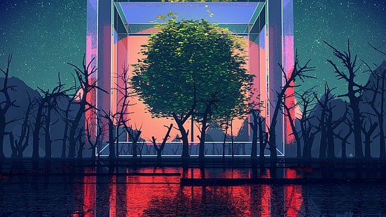 зеленое лиственное дерево в окружении безлистных деревьев, Cinema 4D, 3D, пейзаж, HD обои HD wallpaper