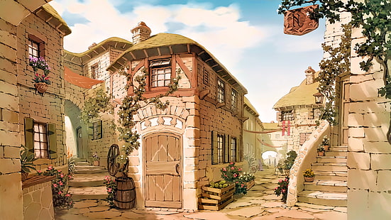 ilustracja murowanego domu, sztuki fantasy, dzieła sztuki, sztuki fanów, domu, Tapety HD HD wallpaper