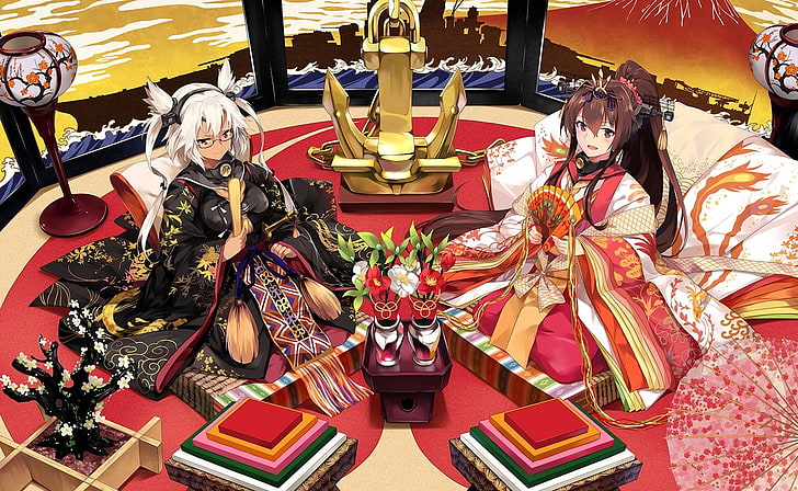Anime, traditionelle Kleidung, Kantai Collection, Musashi (KanColle), Yamato (KanColle), Kimono, Anime Girls, HD-Hintergrundbild