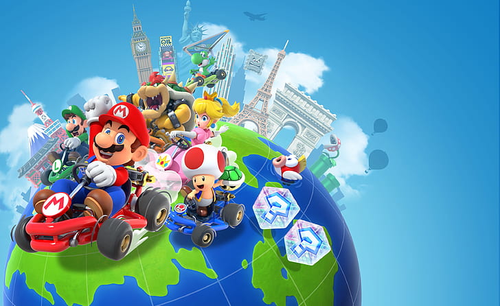 Videogame, Mario Kart Tour, Bowser, Luigi, Mario, Princesa Peach, Sapo (Mario), Yoshi, HD papel de parede