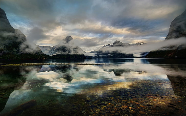 white clouds, nature, landscape, Milford Sound, New Zealand, lake, fjord, mountains, mist, reflection, clouds, snowy peak, water, HD wallpaper