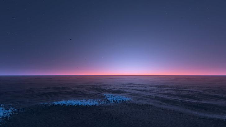 cuerpo de agua, cielo, estrellas, puesta de sol, mar, arte digital, Fondo de pantalla HD
