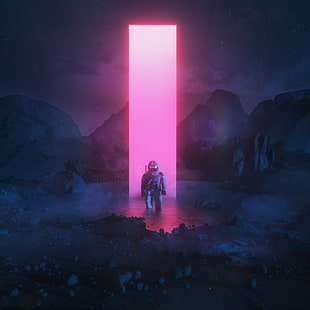 illustrazione di astronauta, uomo in piedi in tuta da astronauta bianco, beeple, rendering, uomini, paesaggio, astronauta, rocce, monolite, neon, acqua, rosa, luce al neon, Sfondo HD HD wallpaper