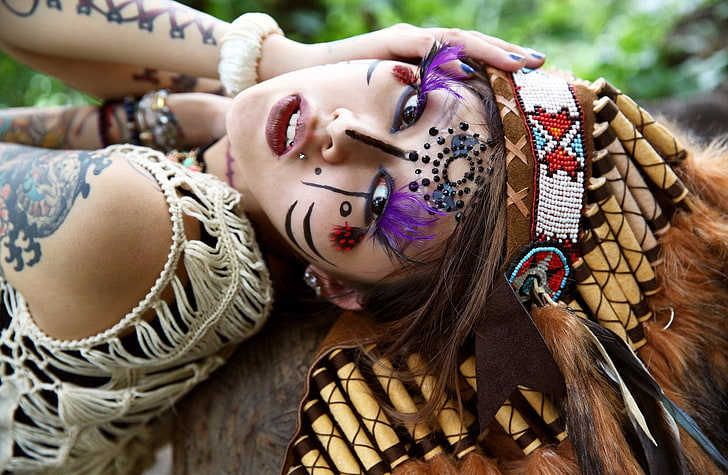Women, Native American, Brown Eyes, Face, Girl, Headdress, Lipstick, Model, Tattoo, Woman, HD wallpaper