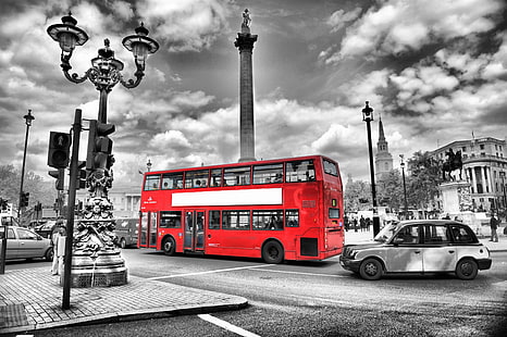 kırmızı 2 katlı otobüs, yol, gece, şehir, şehir, ışıklar, siyah ve beyaz, sokak, İngiltere, Londra, bulanıklık, otobüs, HD masaüstü duvar kağıdı HD wallpaper