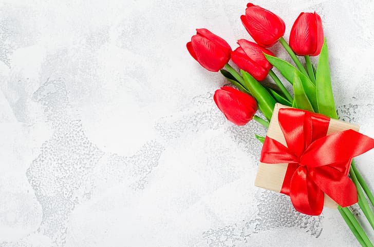 любовь, цветы, подарок, букет, лента, сердечки, тюльпаны, красные, романтичные, день святого валентина, подарочная коробка, HD обои