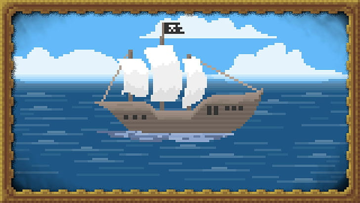 barco, mar, píxeles, pixel art, nubes, velero, piratas, bandera, marcos de cuadros, Fondo de pantalla HD