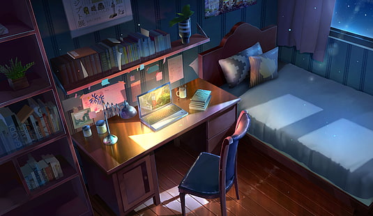 Аниме, оригинал, легло, стол, компютър, нощ, стая, HD тапет HD wallpaper