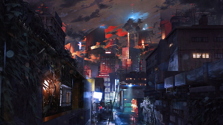 ภาพประกอบเมืองในเวลากลางคืน, งานศิลปะ, ศิลปะดิจิตอล, เมือง, อนาคต, cyberpunk, วอลล์เปเปอร์ HD
