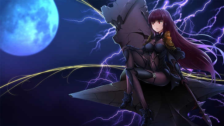 bodysuit, Fate/Grand Order, Fate Series, long hair, Moon, night, purple hair, red eyes, tight clothing, spear, weapon, lightning, Lancer (Fate/Grand Order), HD wallpaper