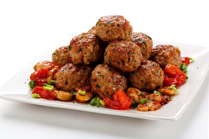 cooked meatballs, burgers, meat, minced meat, vegetables, HD wallpaper