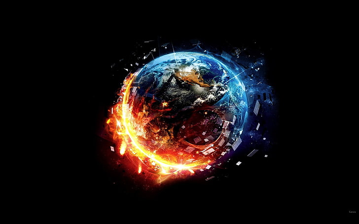 fuego rojo y azul que rodea el fondo de pantalla digital de la Tierra, Tierra, arte espacial, espacio, planeta, apocalíptico, Fondo de pantalla HD