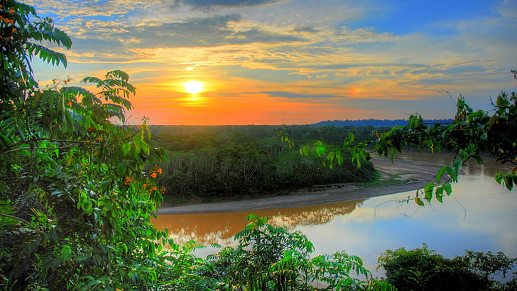 amazon river, river, amazon rainforest, rainforest, tropical forest, tropics, landscape, sunset, HD wallpaper