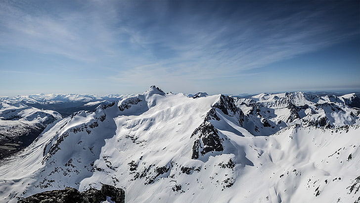montanhas cobertas de neve, Kolåstinden, montanhas, inverno, neve, Noruega, ørsta, HD papel de parede
