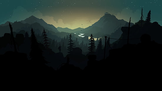 Mountains, Night, Stars, The game, River, People, Forest, Silhouette, Hills, Landscape, Art, Tower, Campo Santo, Firewatch, Fire watch, HD wallpaper HD wallpaper