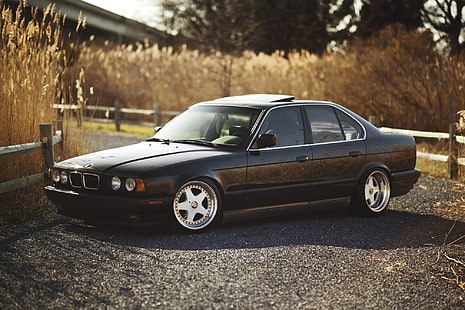 черен BMW седан, BMW, черен, тунинг, E34, 525, 5 серия, HD тапет HD wallpaper