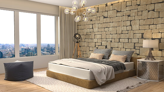 design, lâmpada, cama, interior, janela, lustre, quarto, moderno, HD papel de parede HD wallpaper